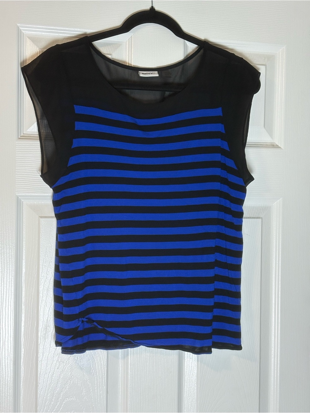 DKNYC Black and Blue Striped Sheer Yoke Tank
